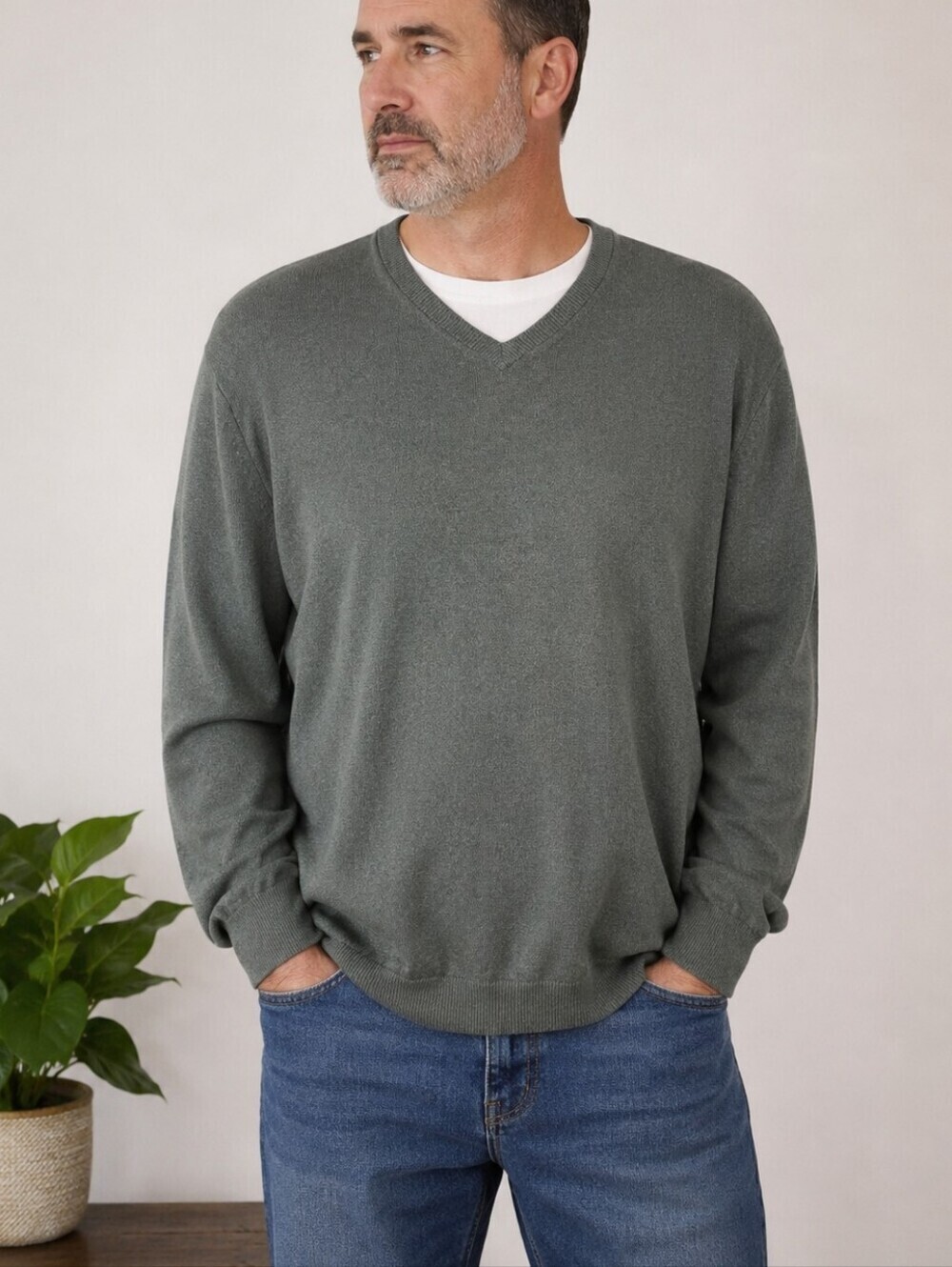 L.L.Bean Cotton Cashmere V-Neck Pullover Sweater Muted Green Lightweight XXL Reg